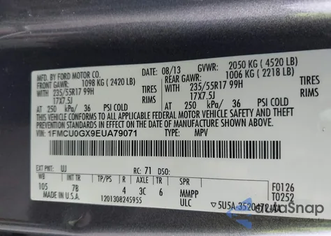 2014 Ford Escape Se z USA, uszkodzony, nr VIN 1FMCU0GX9EUA79071